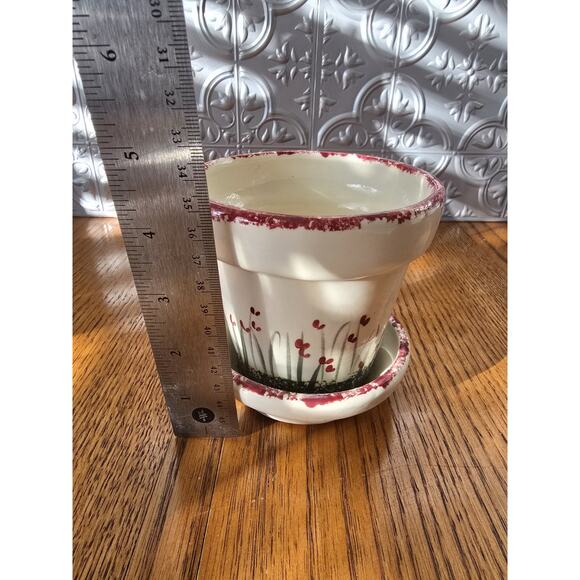 4" Wine Sponge Paint Hand Painted Floral 4" Planter Pot W/saucer - Picture 2 of 6